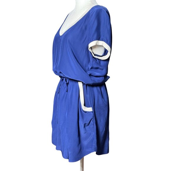 Amanda Uprichard Womens Dress Sz L Blue White 100% Silk Drawstring V-neck Mini - Picture 5 of 9